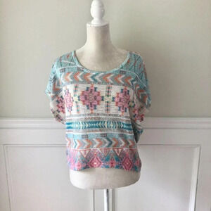 Love J Aztec Print Aqua Knit Top Tee M